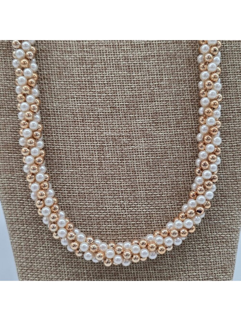 Elegant Gold & White Faux Pearl Twisted Beaded Necklace 24 Inches